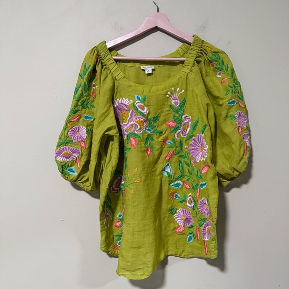 Sundance Embroidered Kiwi Green Top Size Medium Puff Sleeves - Picture 4 of 9
